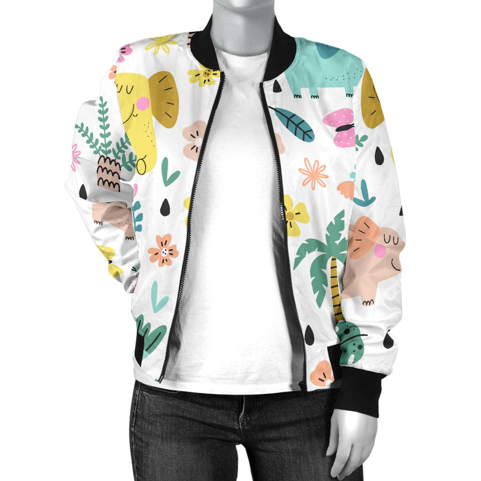 Cute Elephants Palm Tree Flower Butterfly Pattern Women'S Bomber Jacket