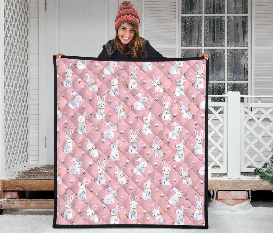 Cute White Rabbit Flower Pink Background Premium Quilt.