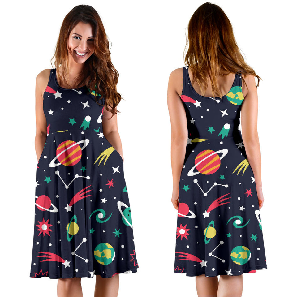 Colorful Space Pattern Planet Star Sleeveless Midi Dress