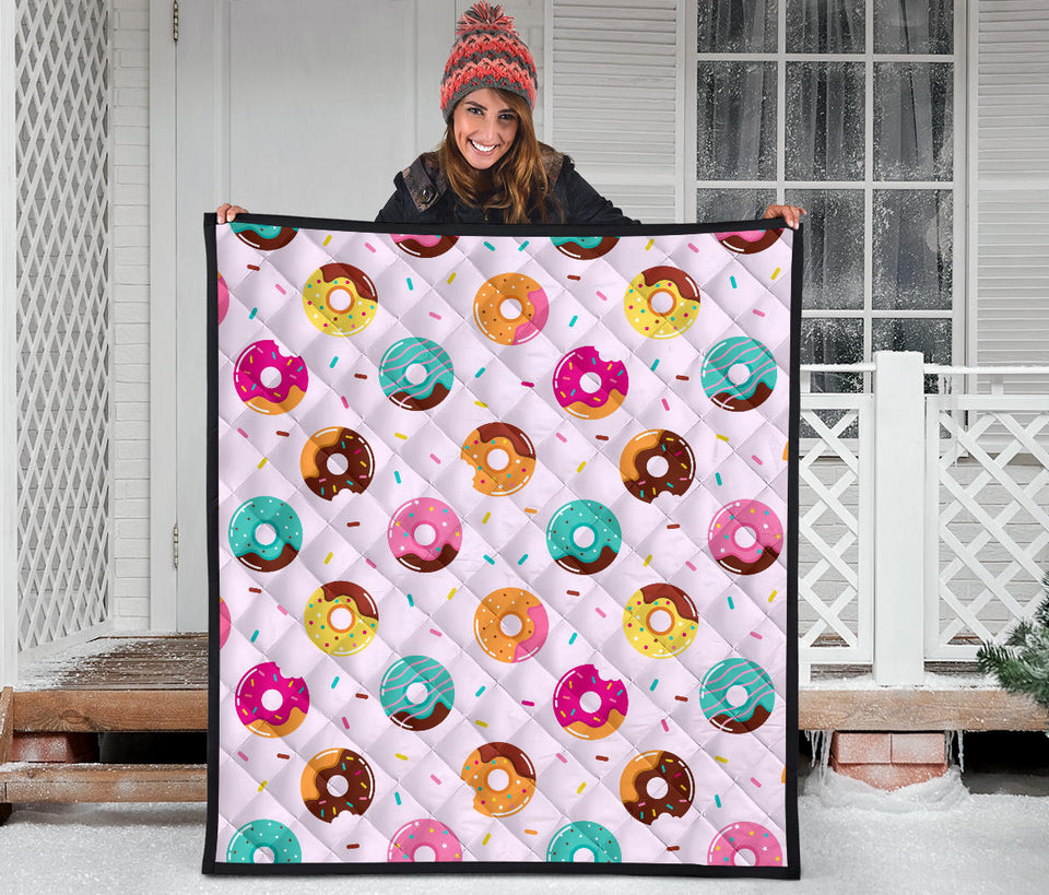 Donut Pattern Glaze Pink Background Premium Quilt