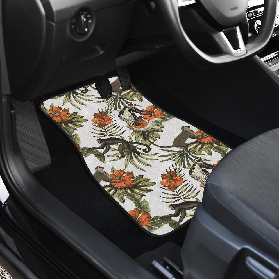 Monkey Red Hibiscus Flower Palm Leaves Floral Pattern Front Car Mats