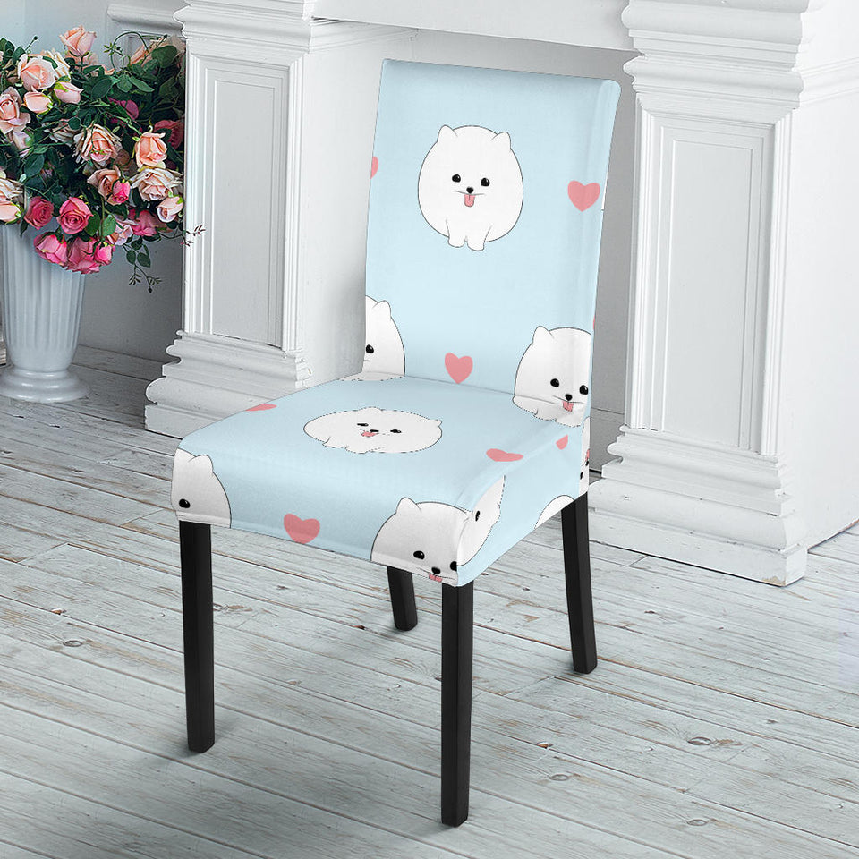 White Cute Pomeranian Pattern Dining Chair Slipcover
