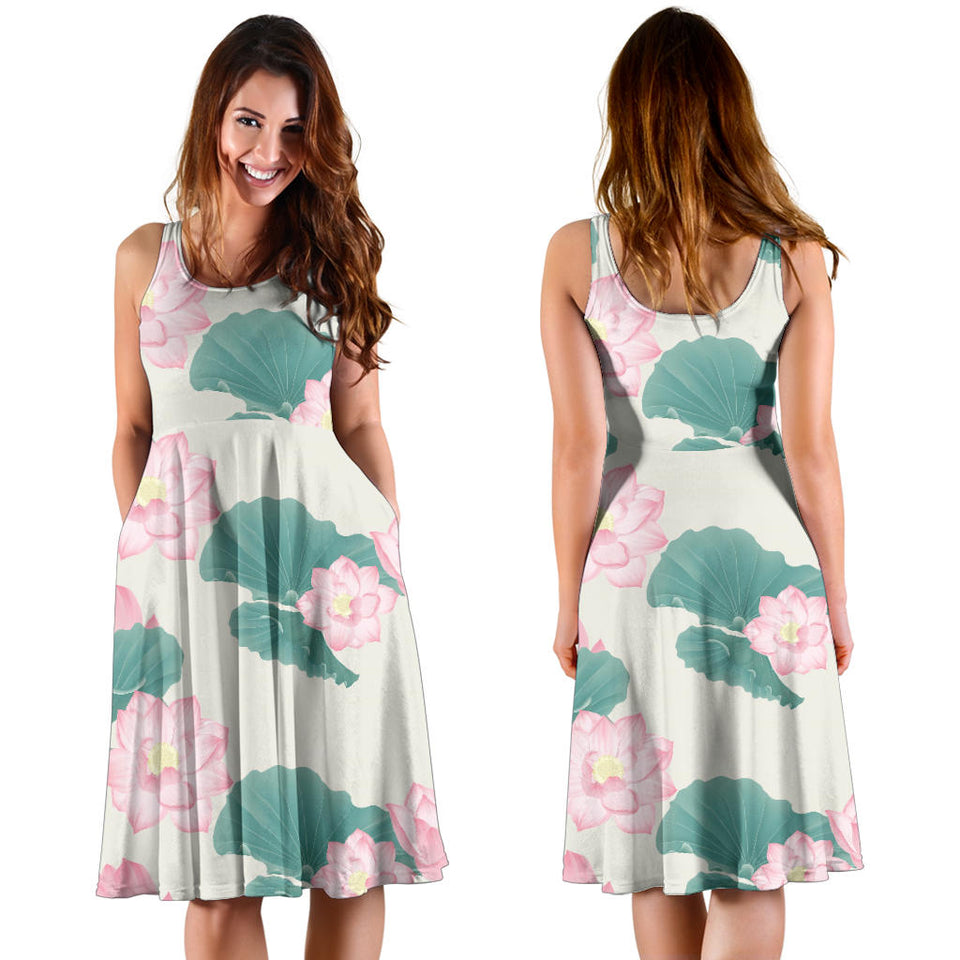 Pink Lotus Waterlily Leaves Pattern Sleeveless Midi Dress