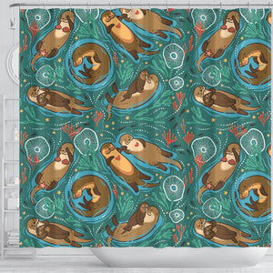 Cute Brown Sea Otters Ornamental Seaweed Corals Green Water Shower Curtain Fulfilled In US