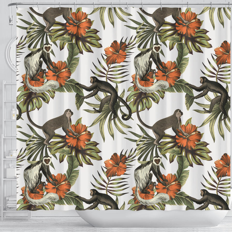 Monkey Red Hibiscus Flower Palm Leaves Floral Pattern Shower Curtain Fulfilled In US