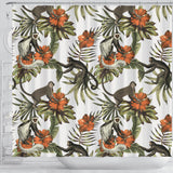 Monkey Red Hibiscus Flower Palm Leaves Floral Pattern Shower Curtain Fulfilled In US