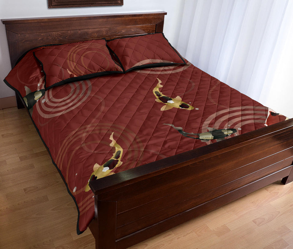 Koi Fish Carp Fish red background Quilt Bed Set