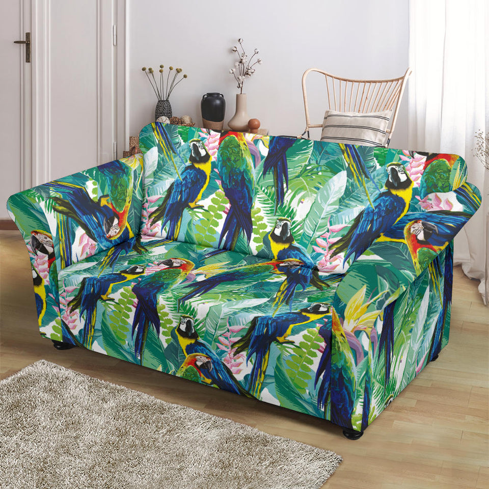 Colorful Parrot Exotic Flower Leaves Loveseat Couch Slipcover