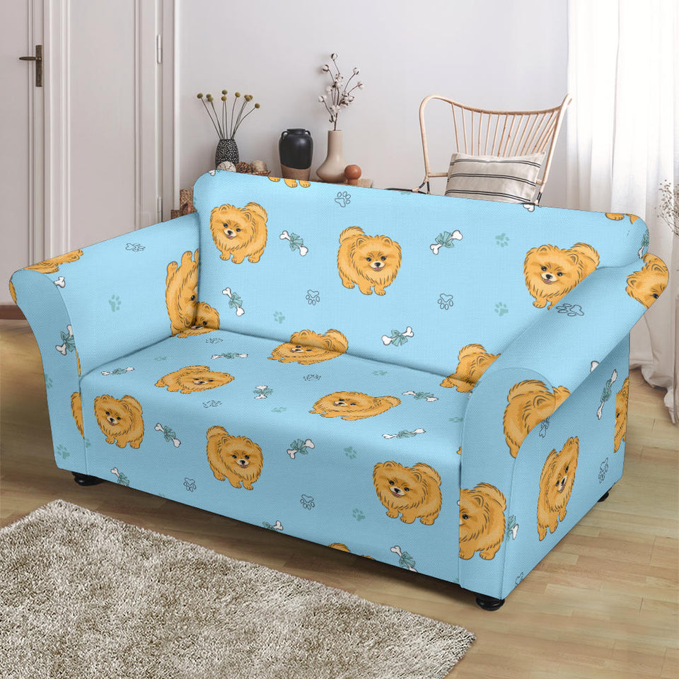 Brown Cute Pomeranian Blue Blackground Loveseat Couch Slipcover