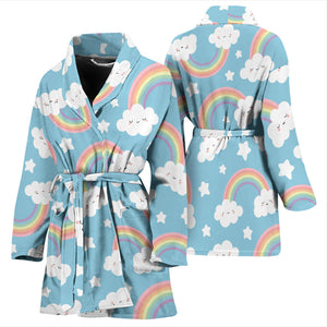 Cute Rainbow Clound Star Pattern Blue Background Women'S Bathrobe