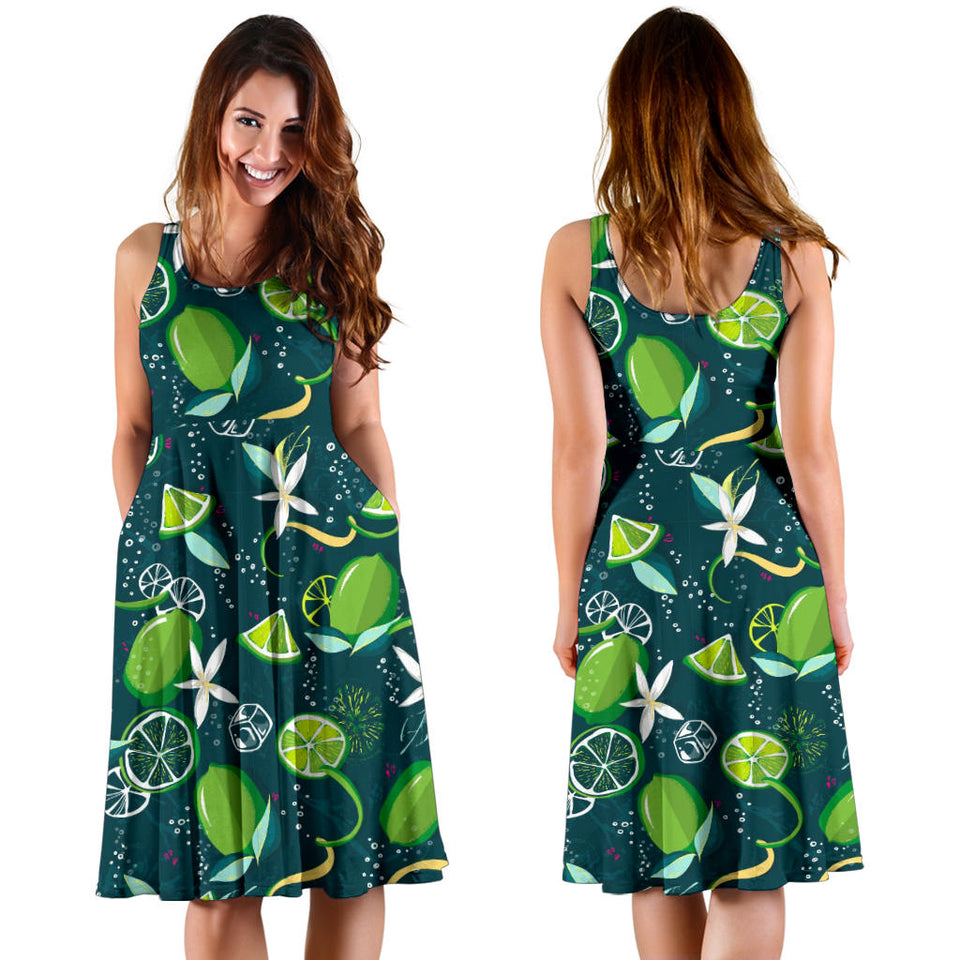 Lime Ice Flower Pattern Sleeveless Midi Dress