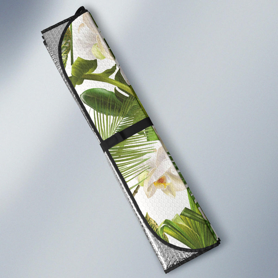 White Orchid Flower Tropical Leaves Pattern Car Sun Shade