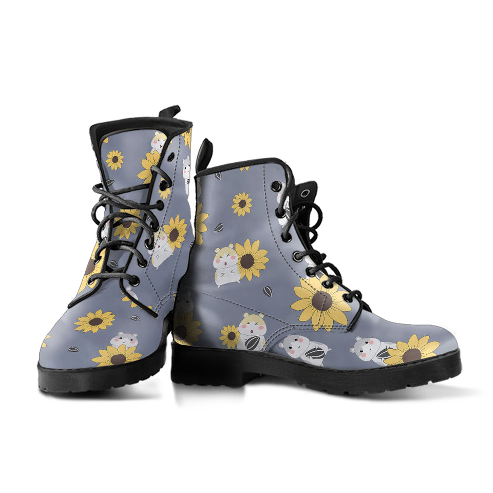 Cute Hamster Sunflower Pattern Background Leather Boots