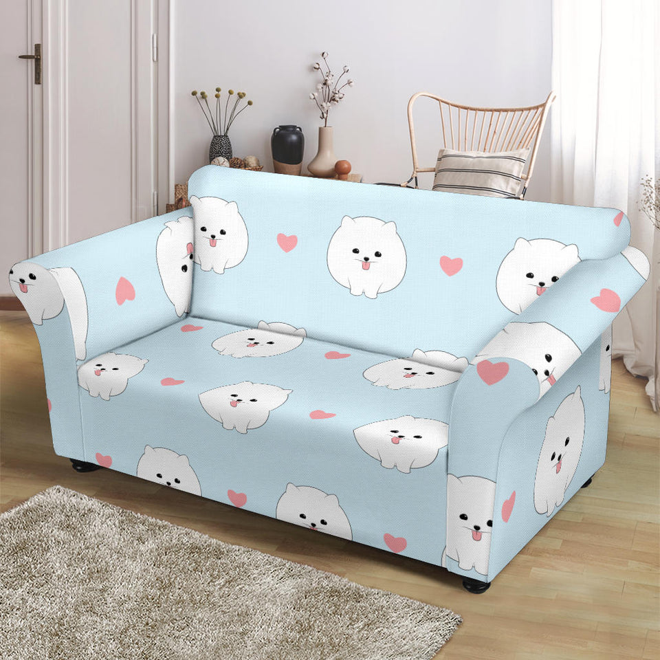 White Cute Pomeranian Pattern Loveseat Couch Slipcover