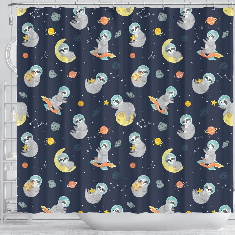 Cute Sloth Astronaut Star Planet Rocket Pattern Shower Curtain Fulfilled In US