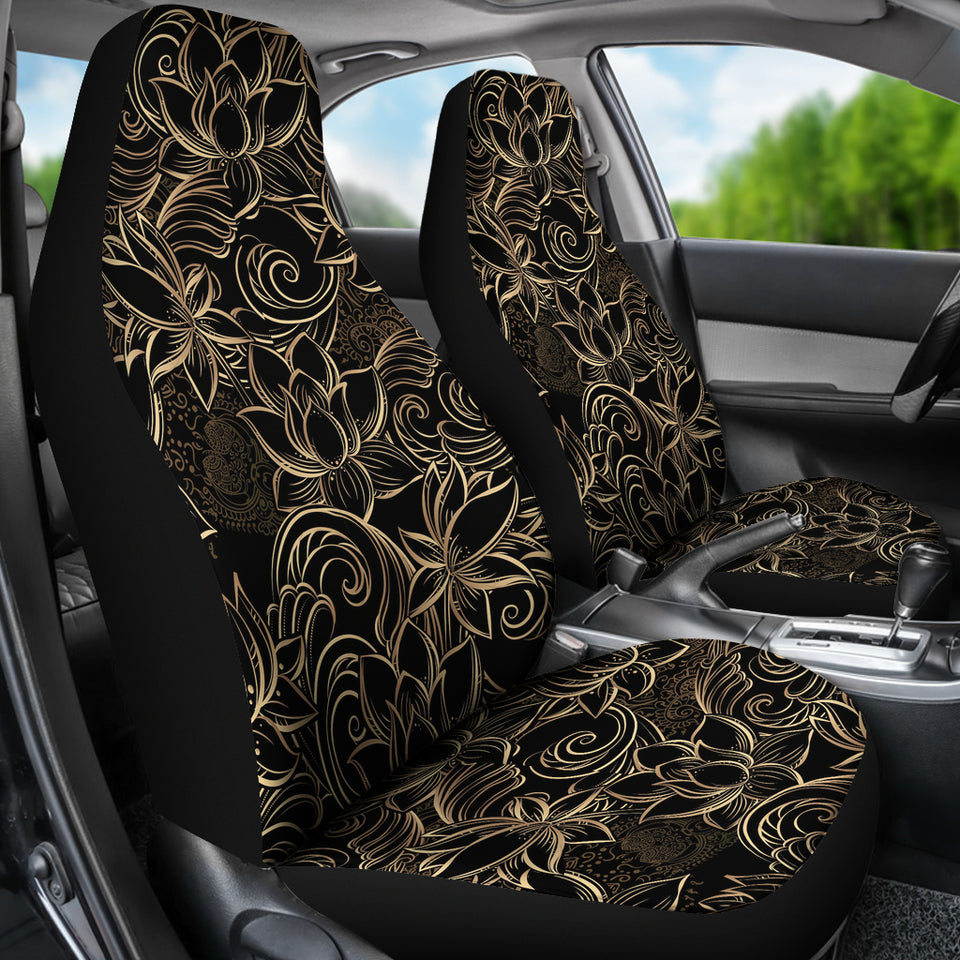 Luxurious Gold Lotus Waterlily Black Background Universal Fit Car Seat Covers