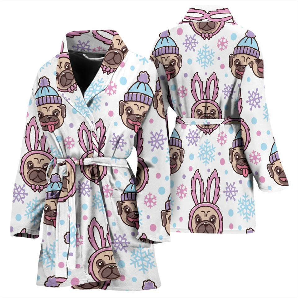 Cute Pug Hat Rabbit Costume Pattern Women'S Bathrobe