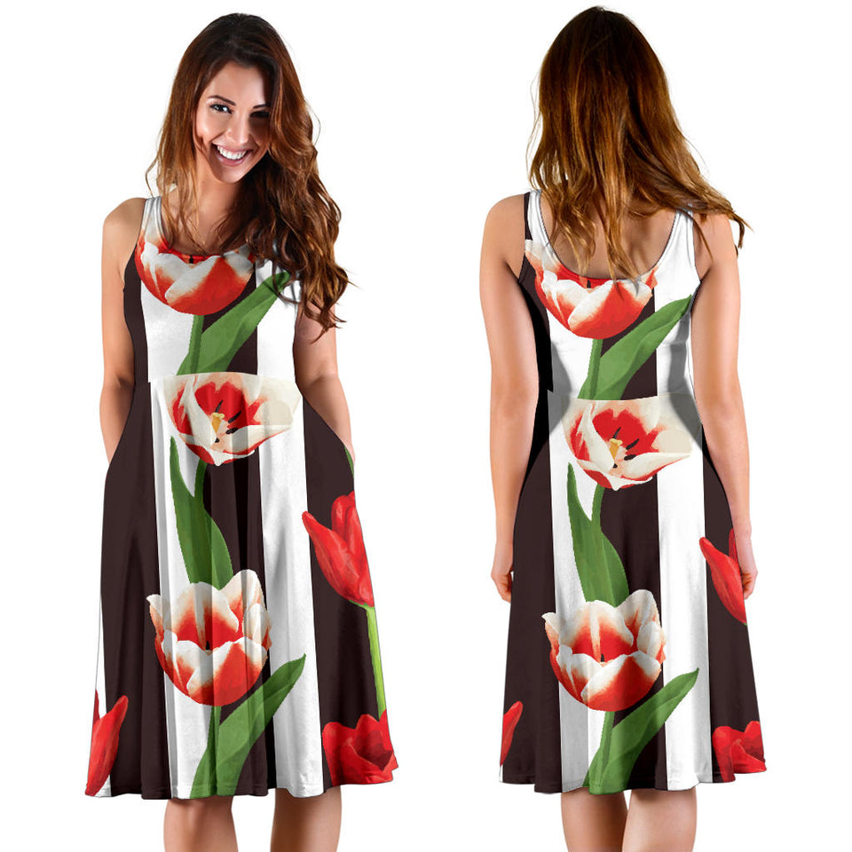 Red And White Tulips Pattern Sleeveless Midi Dress