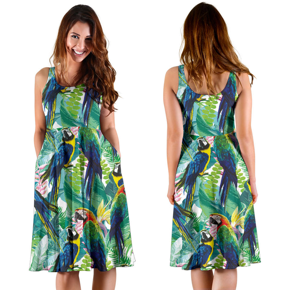 Colorful Parrot Exotic Flower Leaves Sleeveless Midi Dress