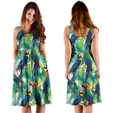 Colorful Parrot Exotic Flower Leaves Sleeveless Midi Dress