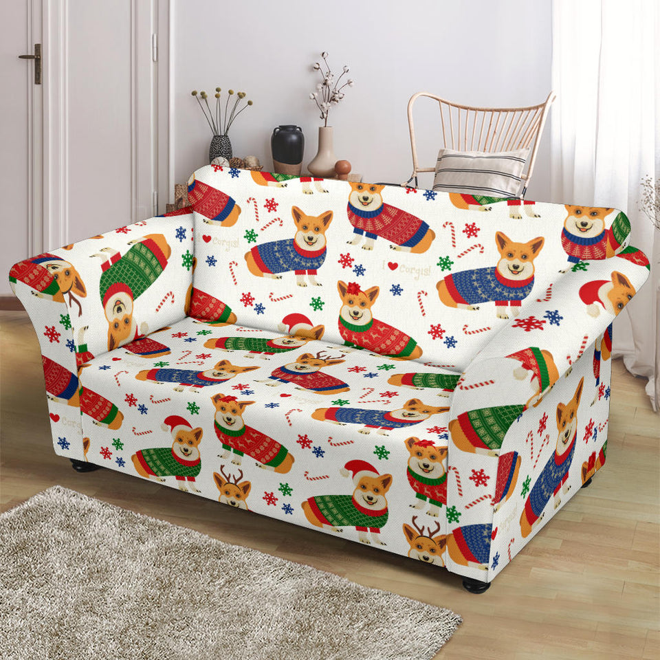 Corgi Christmas Pattern Loveseat Couch Slipcover
