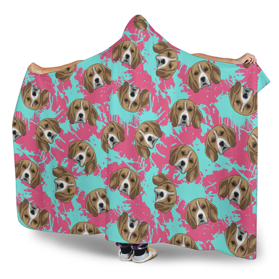 Beagle Muzzles Turquoise Paint Splashes Pink Pattern Hooded Blanket