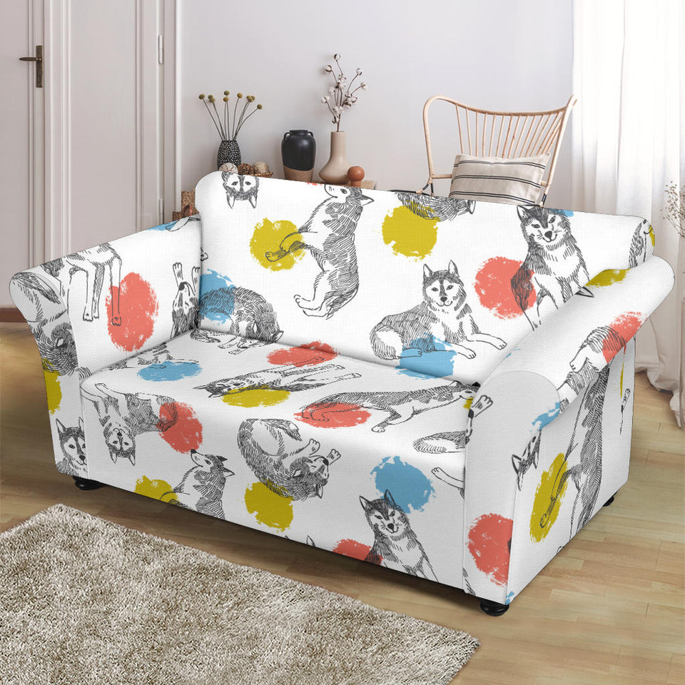 Siberian Husky And Colorful Circle Pattern Loveseat Couch Slipcover