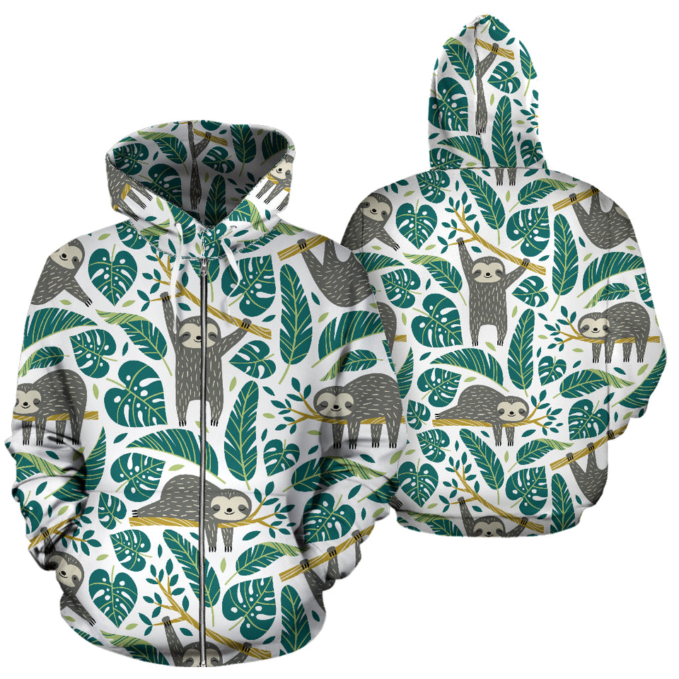Cute Sloths Tropical Palm Leaves White Background Zip Up Hoodie