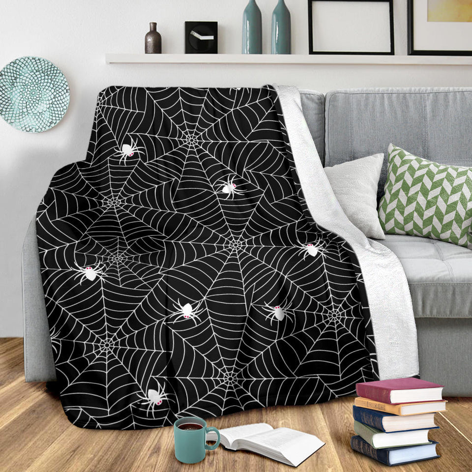 Spider Web Design Pattern Black Background White Cobweb Premium Blanket