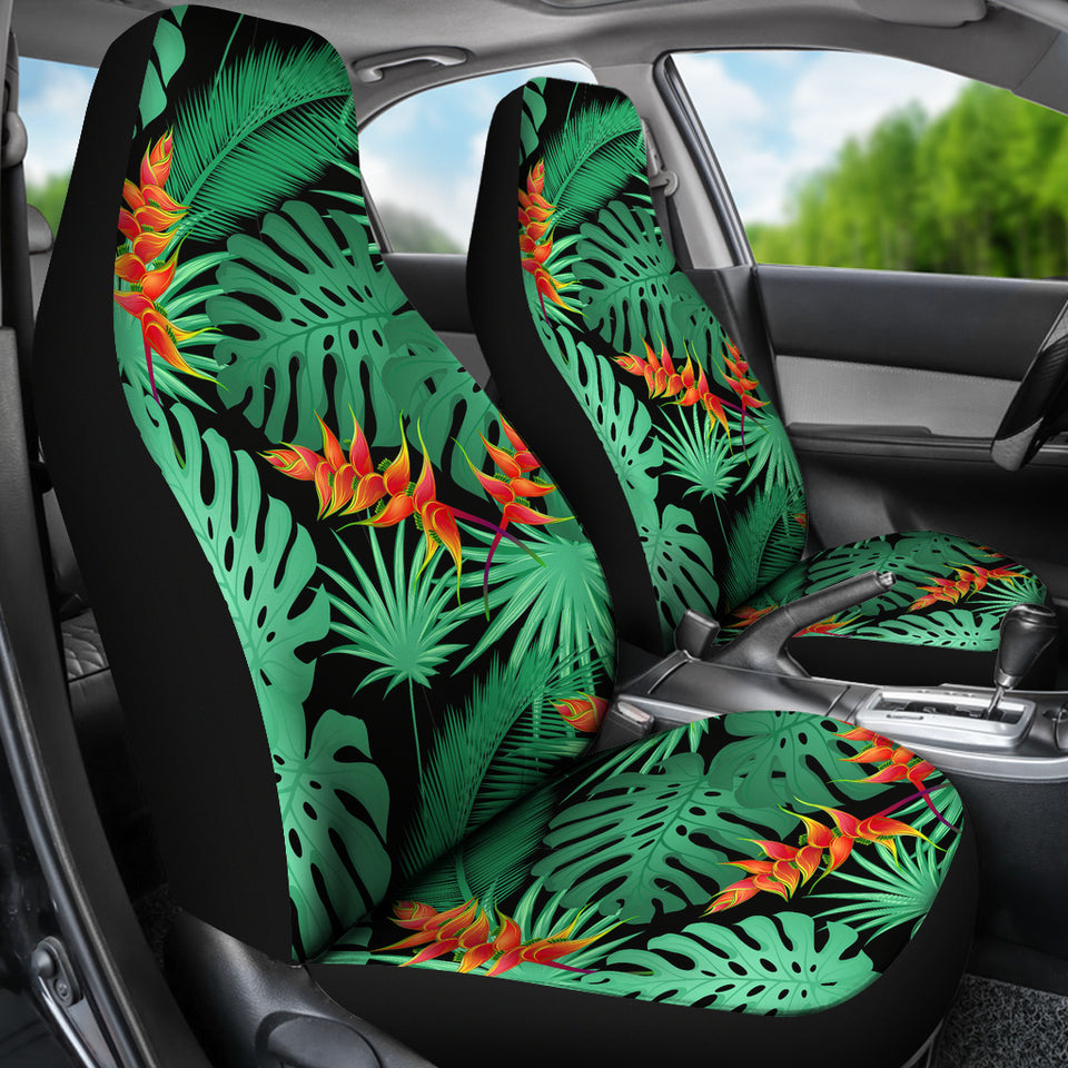 Heliconia Flower Palm Monstera Leaves Black Background Universal Fit Car Seat Covers
