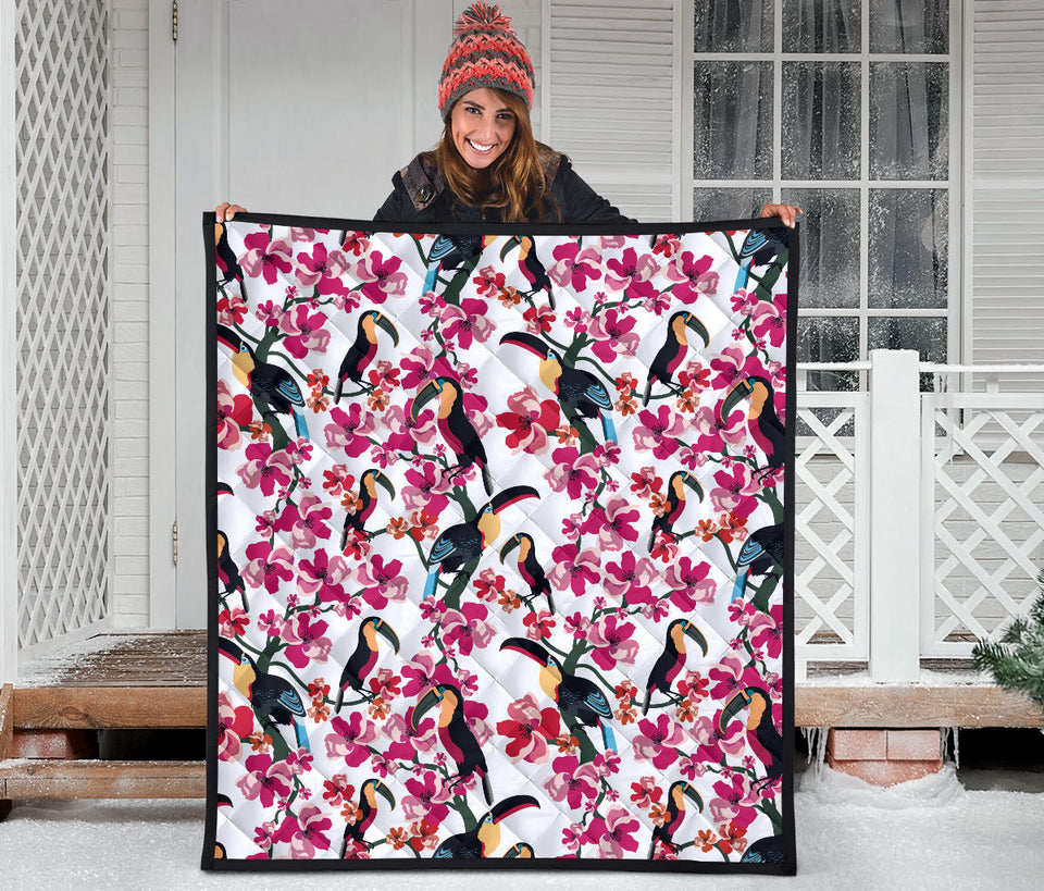 Toucan Flower Design Pattern Premium Quilt