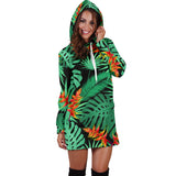 Heliconia Flower Palm Monstera Leaves Black Background Women'S Hoodie Dress