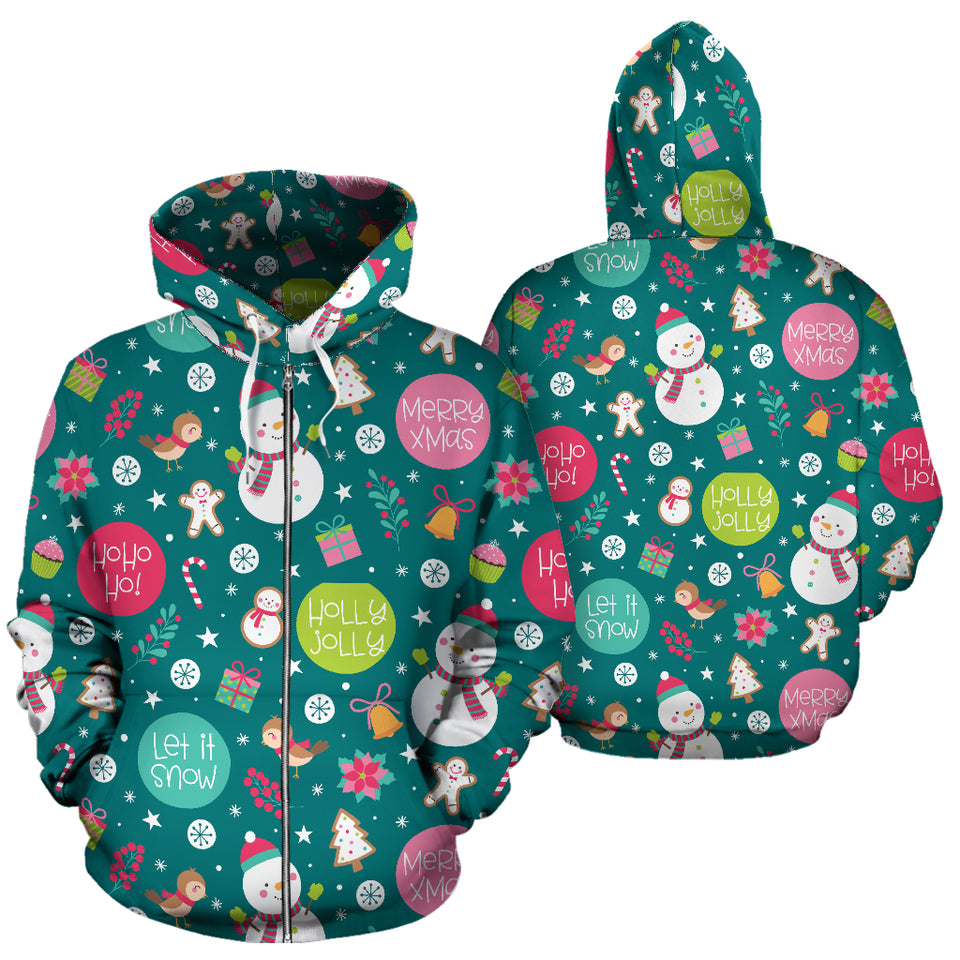 Snowman Bird Decorative Elements Christmas Pattern Zip Up Hoodie