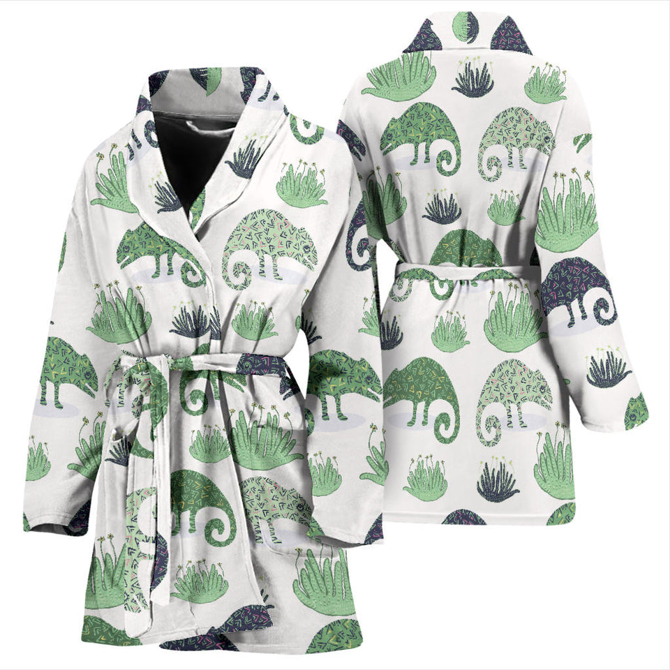 Chameleon Lizard Succulent Plant Pattern Women'S Bathrobe