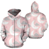 Cute Moon Cloud Star Pattern Pink Dot Background Zip Up Hoodie