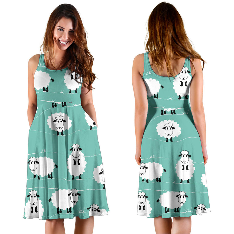 Cute Sheep Green Background Sleeveless Midi Dress