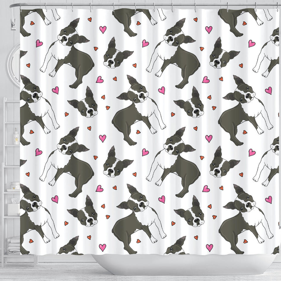 Boston Terrier Dog Hearts Vector Pattern Shower Curtain Fulfilled In US