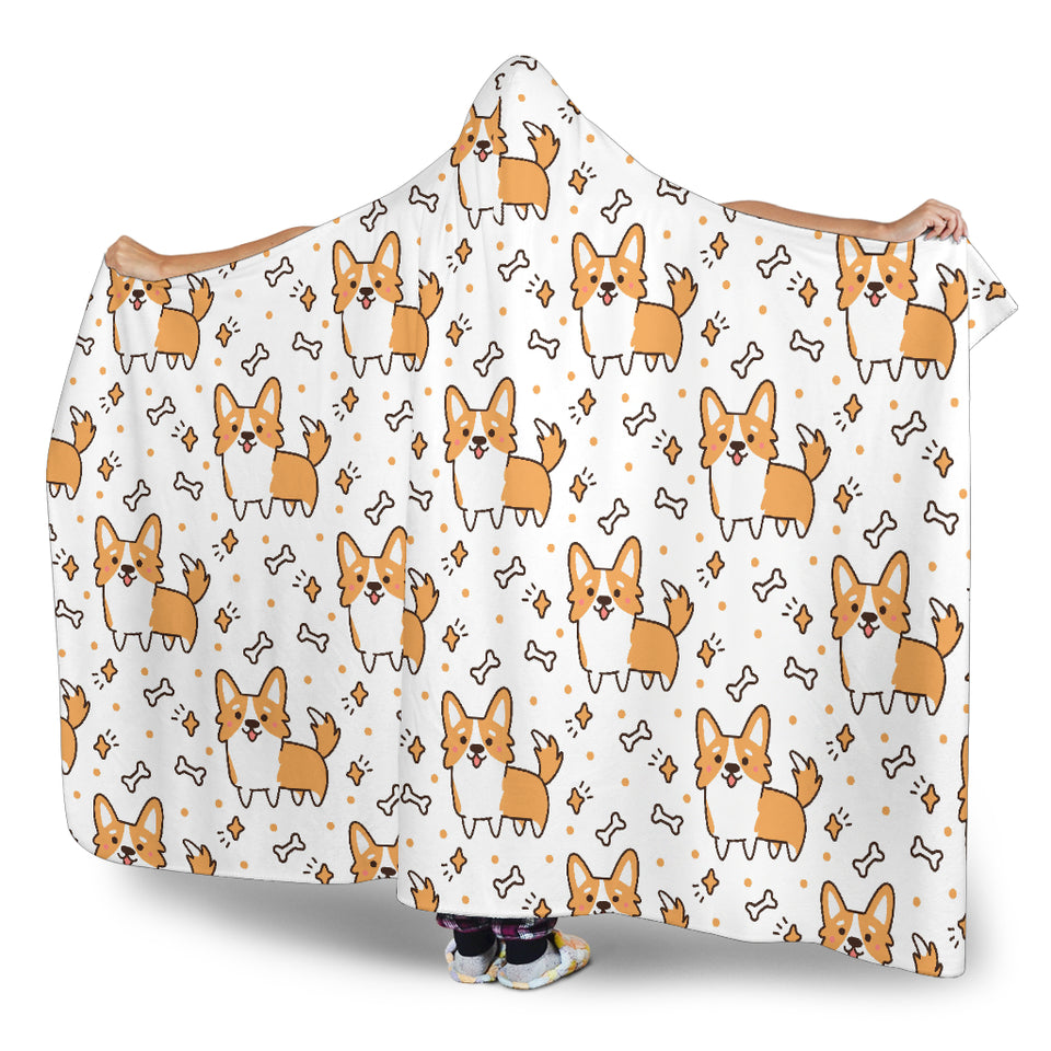 Cute Corgi Heart Star Bone Pattern Hooded Blanket