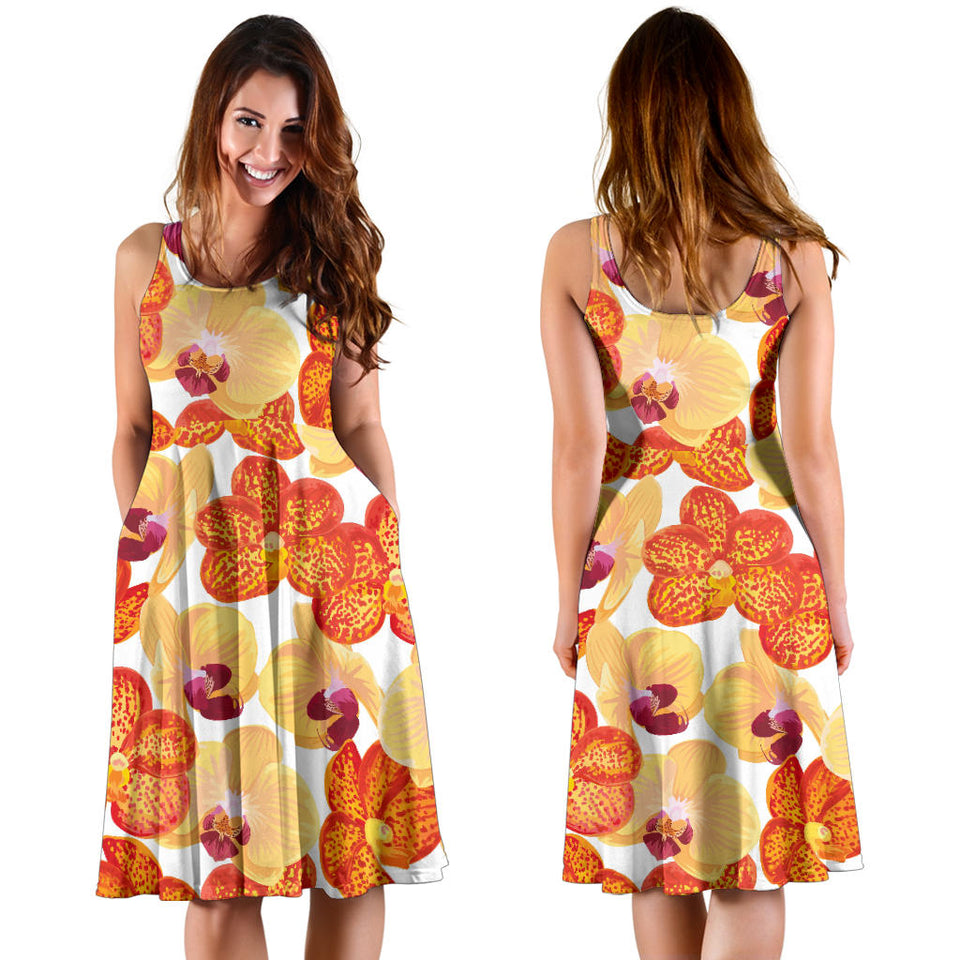 Orange Yellow Orchid Flower Pattern Background Sleeveless Midi Dress
