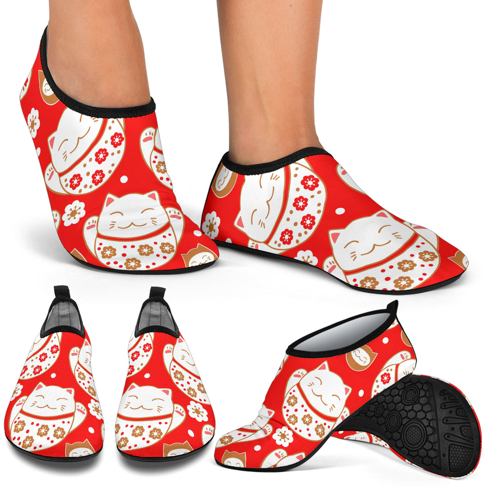 Cute Maneki Neko Lucky Cat Red Background Aqua Shoes