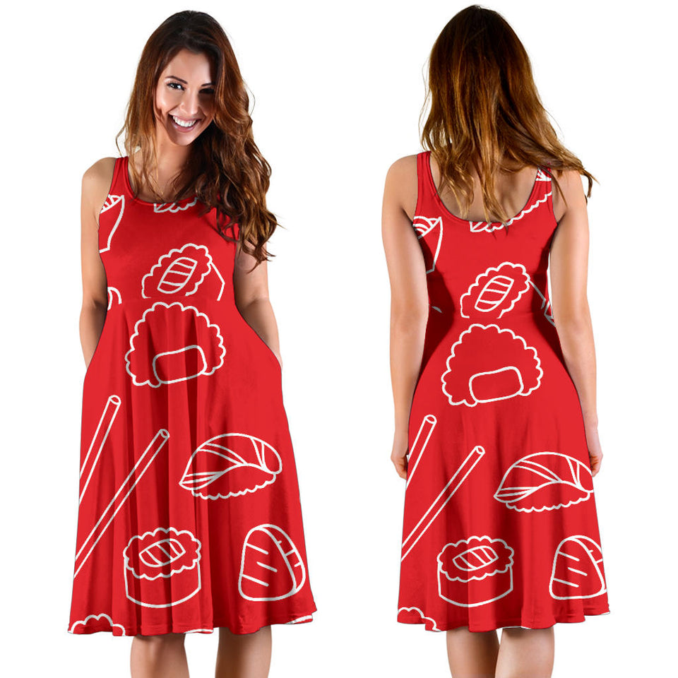 Sushi Pattern Red Background Sleeveless Midi Dress