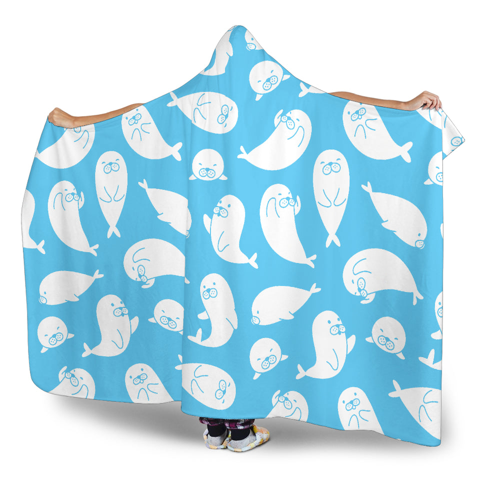 Cute White Sea Lion Seals Pattern Hooded Blanket
