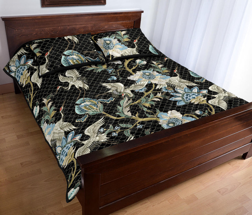 Japanese crane ornament elements Quilt Bed Set