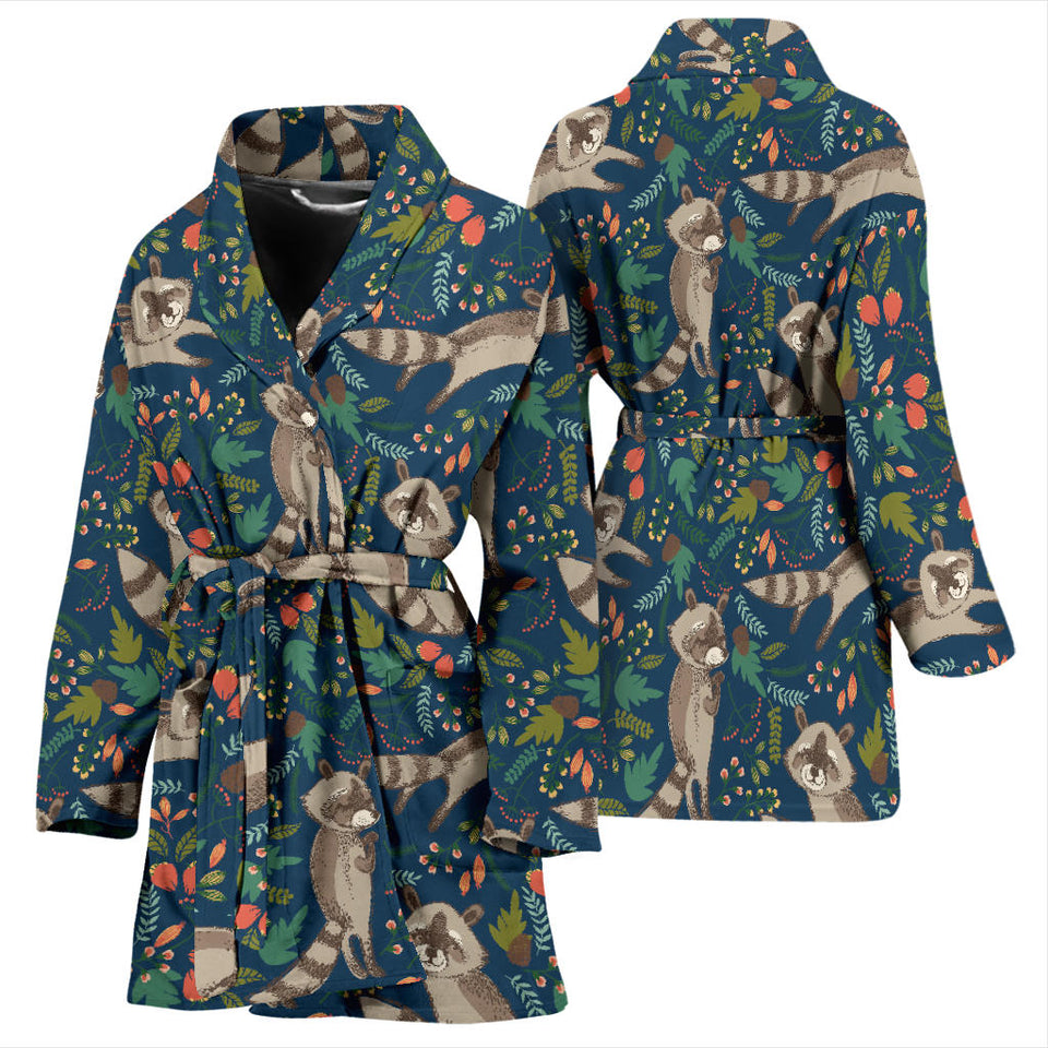 Raccoon Tropical Leaves Pattern Women'S Bathrobe