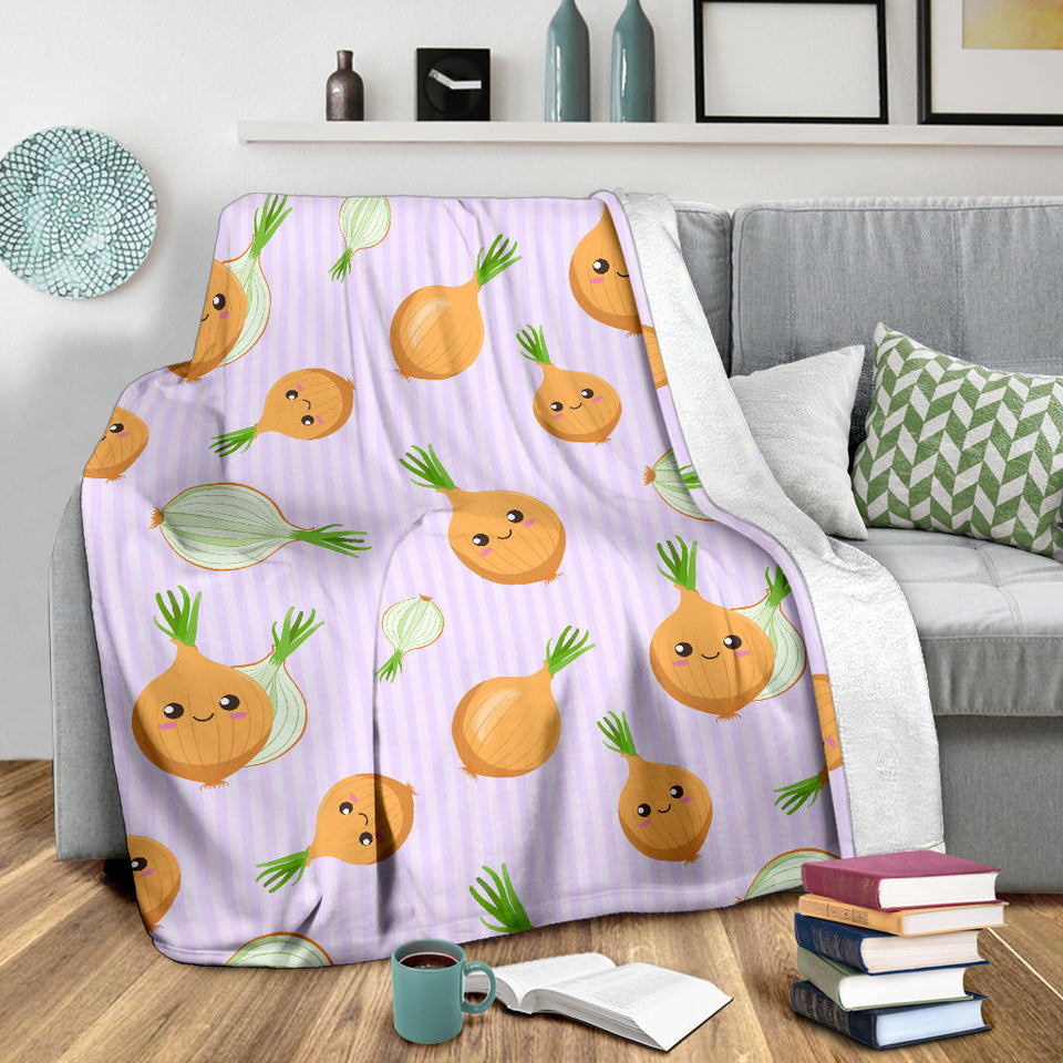 Cute Onions Smiling Faces Purple Background Premium Blanket