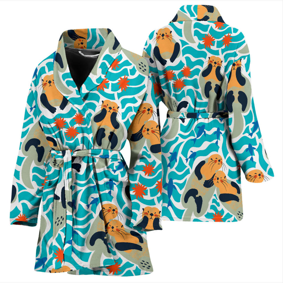 Cute Sea Otters Fishe Sea Urchin Pattern Women'S Bathrobe