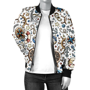 Cute Nautical Steering Wheel Anchor Pattern Women'S Bomber Jacket