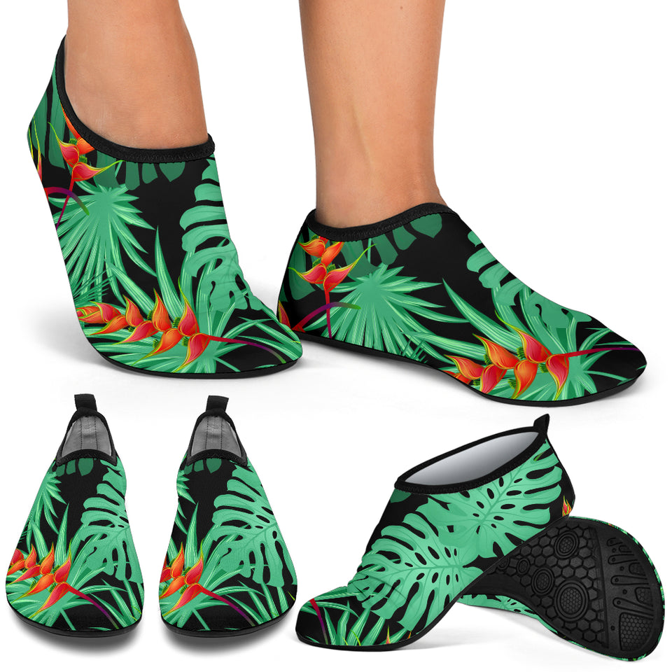 Heliconia Flower Palm Monstera Leaves Black Background Aqua Shoes