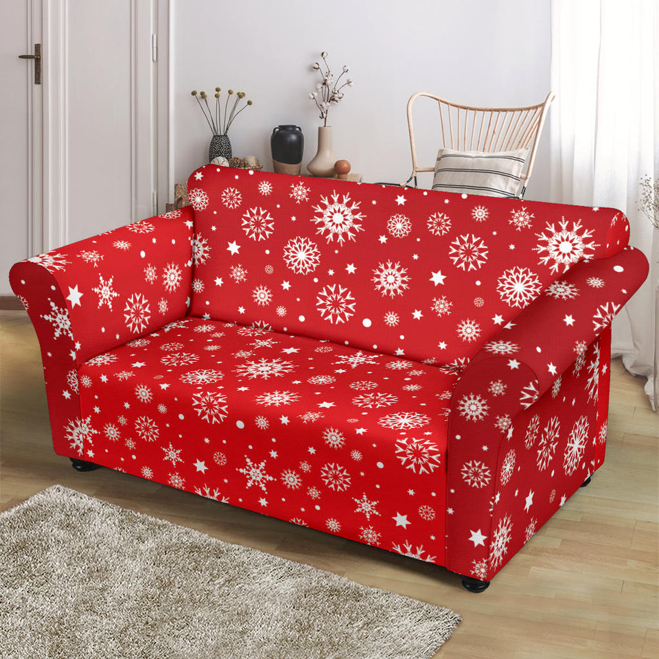 Snowflake Pattern Red Background Loveseat Couch Slipcover