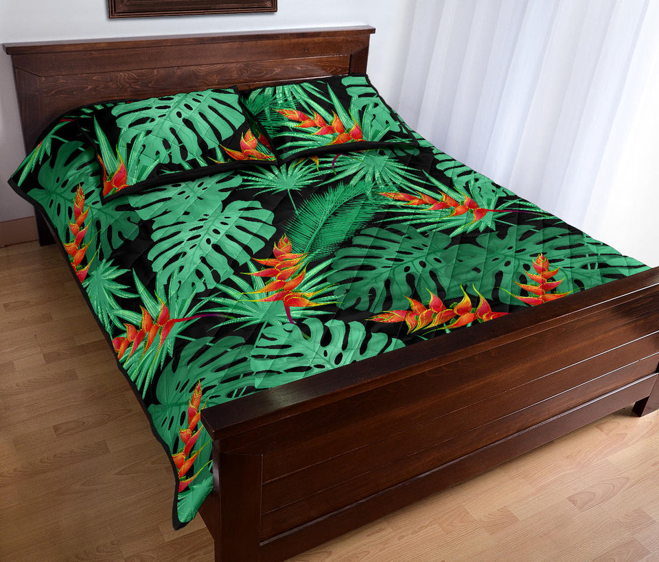 heliconia flower palm monstera leaves black background Quilt Bed Set